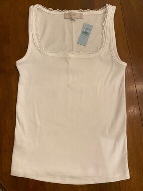 LOFT White Ribbed Tank with Lace Trim NWT
